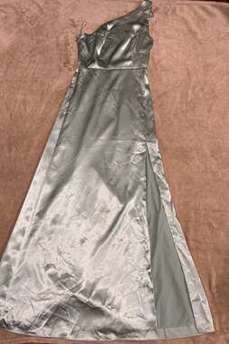 Birdy Grey Kira One-Shoulder Satin Dress with Front Slit in Sage Green Metallic